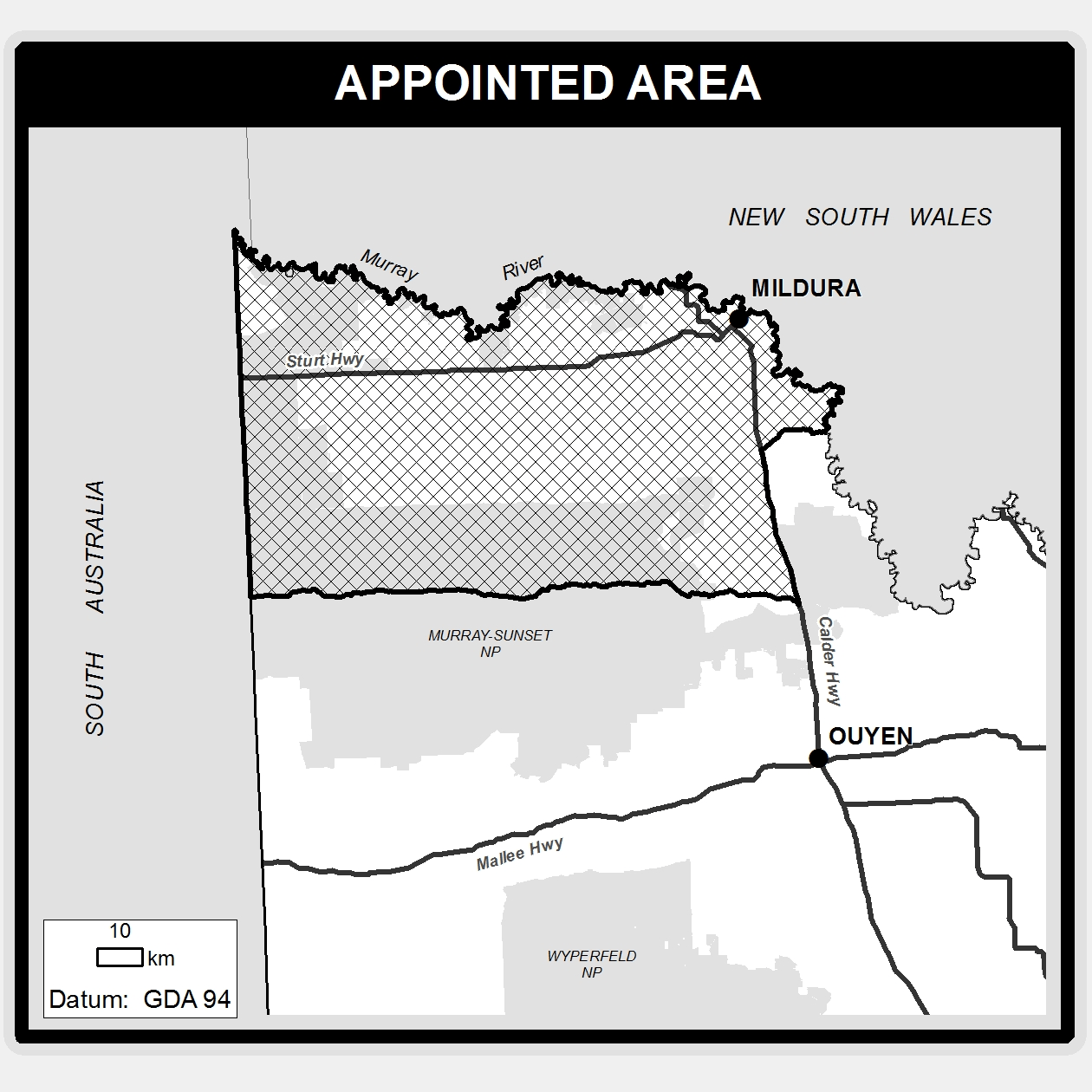 First People of the Millewa Mallee Aboriginal Corporation registered Aboriginal party area is bound by the Murray River to the north, the Calder Highway to the east, a line which extends horizontally from Hattah to the South Australian and Victorian border to the south, and the South Australian and Victorian border to the west.