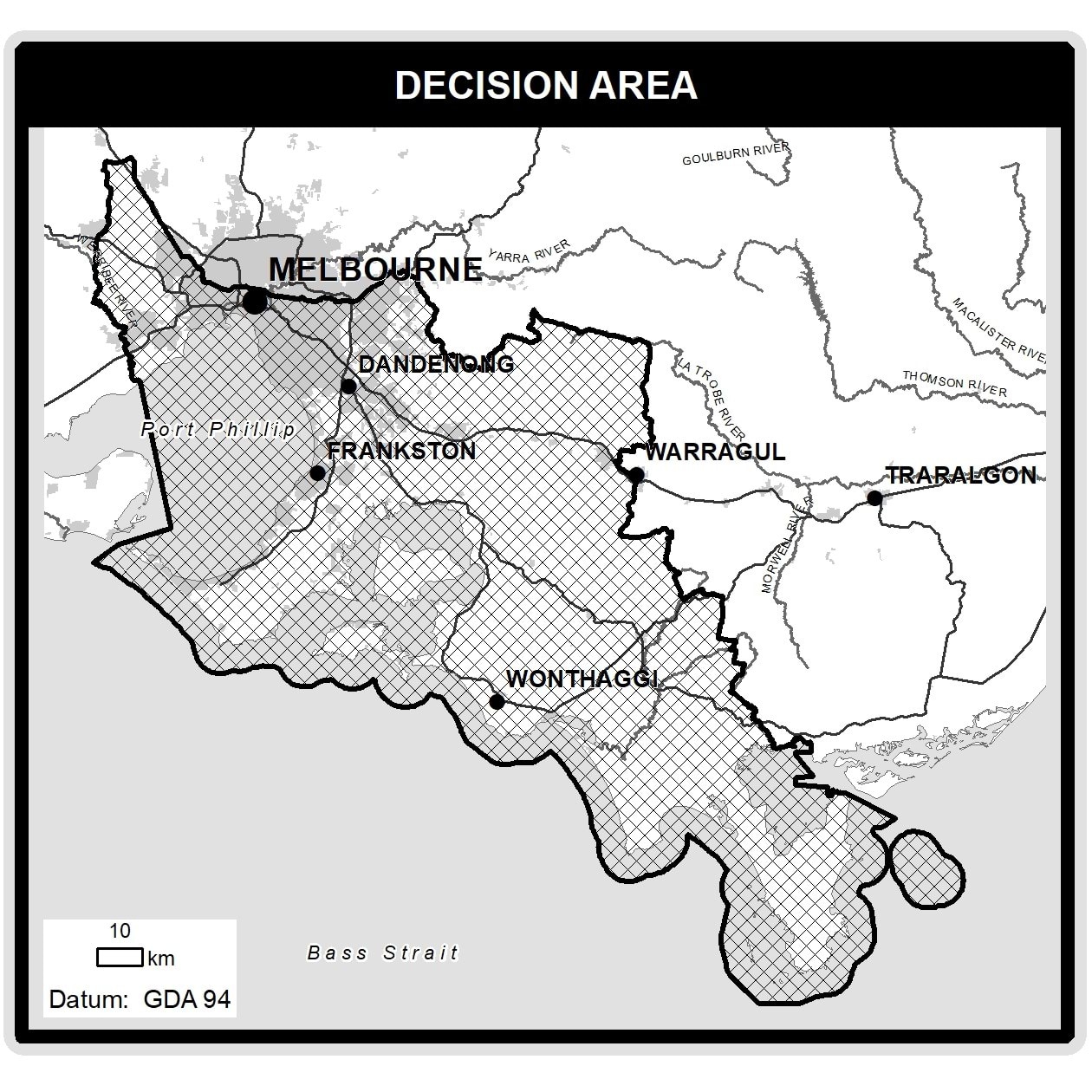 This map is an area that extends from the mouth of the Werribee River to and including Wilsons Promontory National Park. This area includes north western, western, eastern and south eastern Metropolitan Melbourne, Port Phillip Bay, Western Port Bay, and Cape Liptrap.