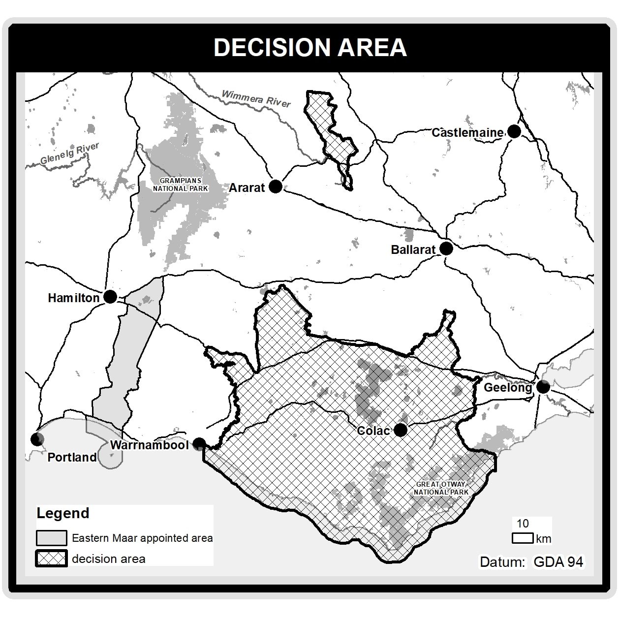 The map is an east of Gariwerd which includes Navarre in the north, is bound by Dja Dja Wurrung Aboriginal Corporation’s RAP area to the east and Barengi Gadjin Land Council Aboriginal Corporation’s and Martang’s RAP areas to the west, and extends southerly to the boundary of Wathaurung Aboriginal Corporation’s RAP area; and an area east of Warrnambool which extends easterly to Winchelsea, northerly to Cressy, and southerly to the Victorian coast.