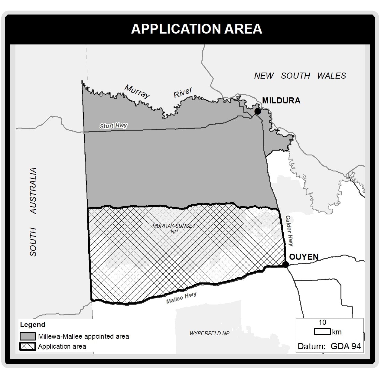 This map details the area withdrawn which is the Mallee Highway from the South Australian border to Ouyen. From Ouyen the boundary extends northerly along the Calder Highway to Hattah and then westerly in a horizontal line to the South Australian border. The western boundary is the South Australian border. 