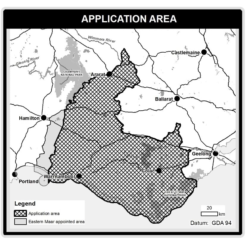 The EMAC RAP variation application area extends southerly to the coast and easterly to the Wathaurong Aboriginal Corporation’s RAP boundary. The Great Otway National Park and the townships of Warrnambool, Terang, Mortlake, Camperdown, Colac, Apollo Bay, Lorne and Cressy are included within the application area. The application area is bounded to the north west by the Grampians National Park and extends through Ararat and crosses just north of the Wimmera River.