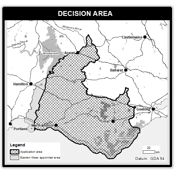 The EMAC RAP variation decision area extends easterly to the Wathaurong Aboriginal Corporation’s RAP boundary including the Great Otway National Park and the townships of Warrnambool, Terang, Mortlake, Camperdown, Colac, Apollo Bay, Lorne and Cressy. The area is bounded to the north west by the Grampians National Park and extends through Ararat to a point just north of the Wimmera River.