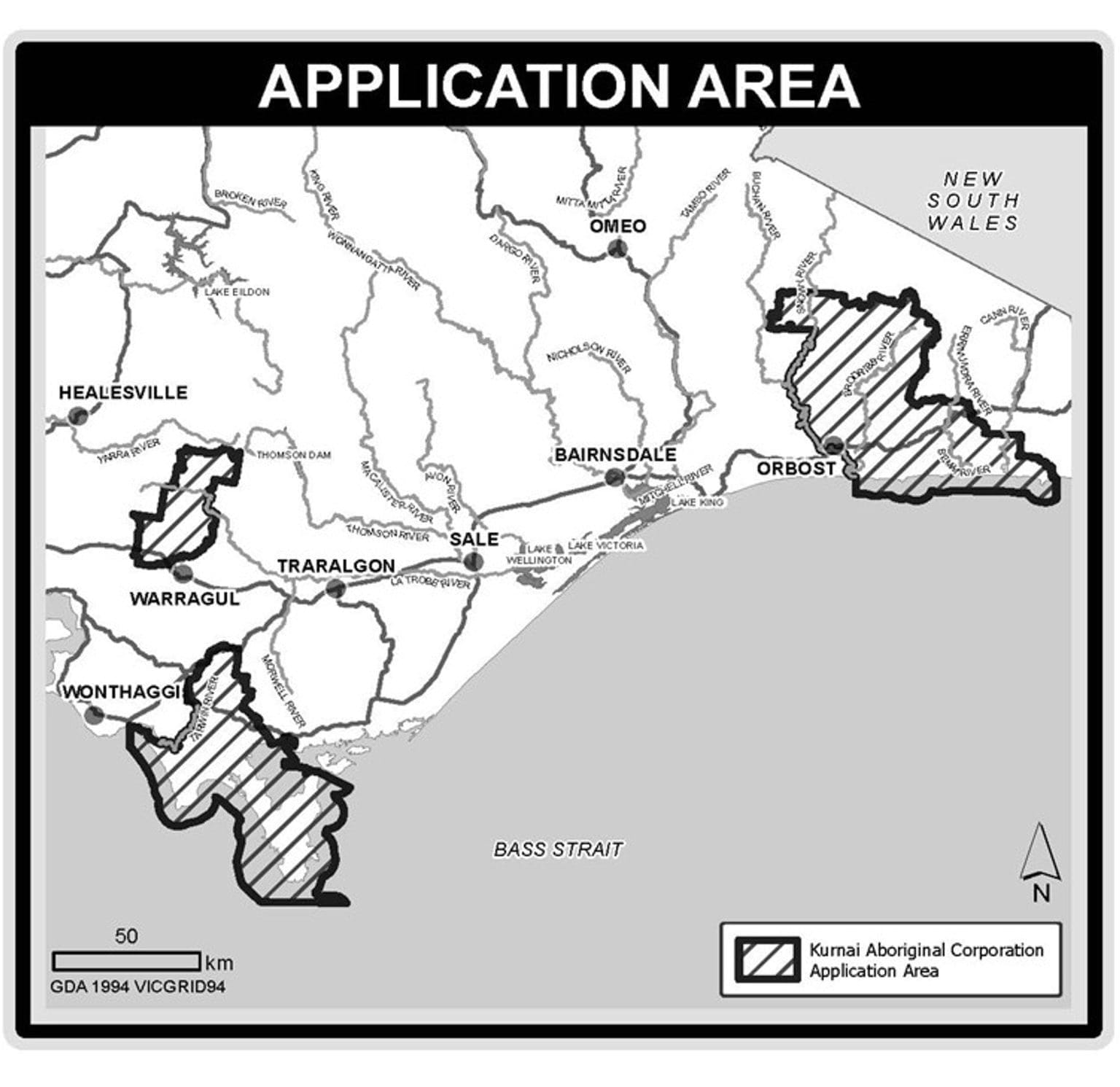 Kurnai Aboriginal Corporation Map Application 2025 The three areas that constitute the application to become a Registered Aboriginal Party from the Kurnai Aboriginal Corporation.